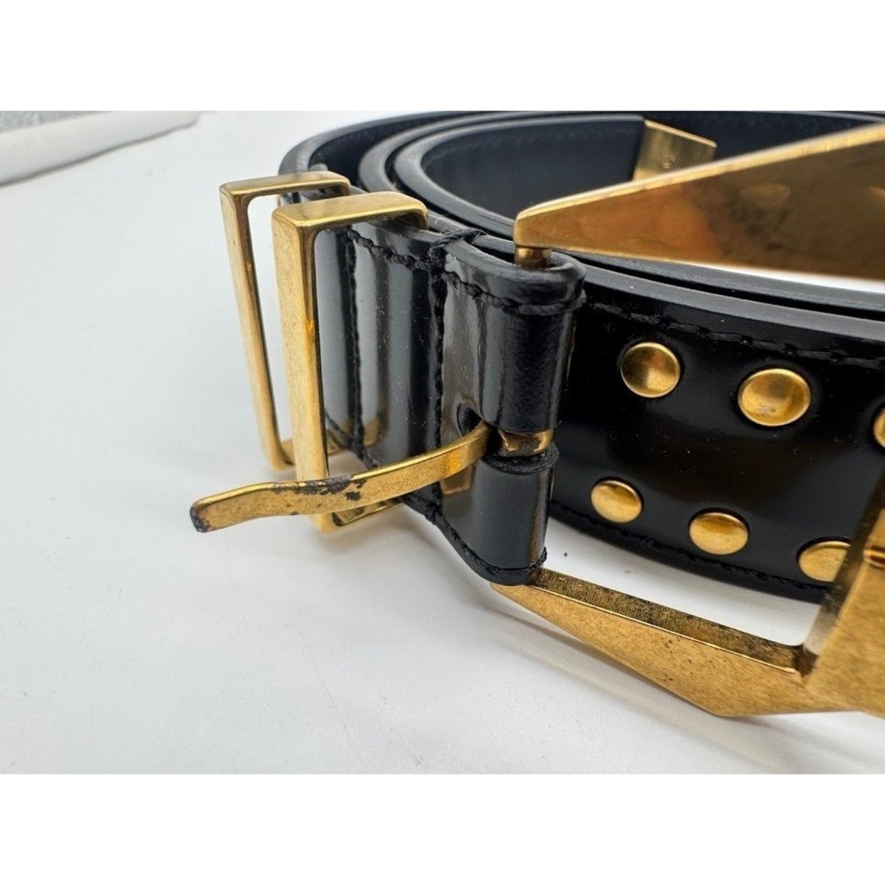 Versace Black Leather Studded Belt Gold Medusa Head Geometric Buckle Waist Belt - Picture 8 of 12